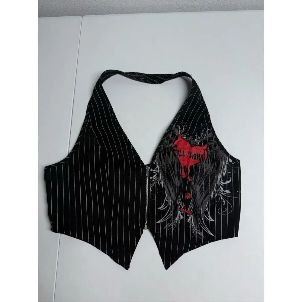 ROMWE Punk Top Halter Striped Front Zip Size L(8-10) Black